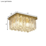 Modern Gold Flush Mount Light With Crystal Block Shade - 2 Lights Rectangle Ceiling Design