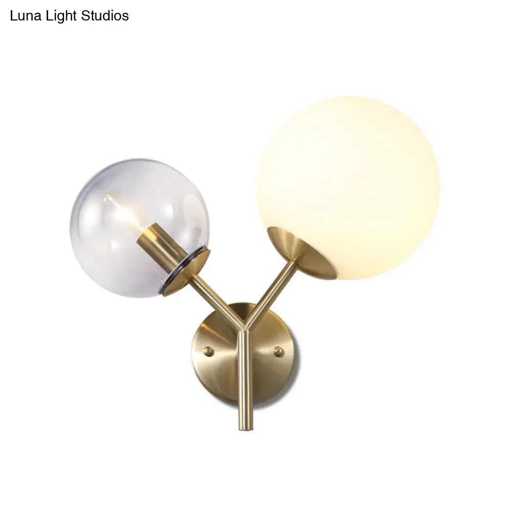 Modern Gold Globe Sconce Light Fixture - 2 Lights Wall Lamp With Smoke And White Glass Shades