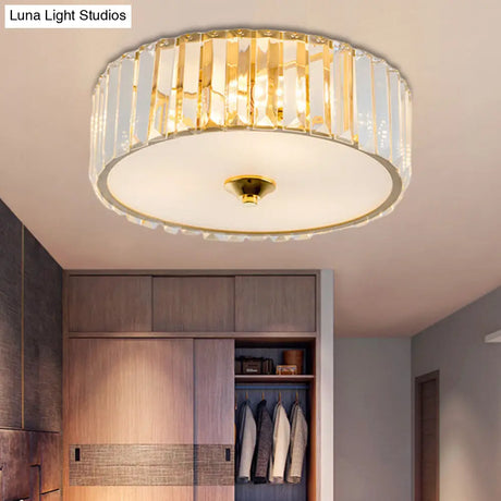 Modern Gold Led Bedroom Flush Mount Ceiling Light With Drum Crystal Shade 12’/19’ Dia