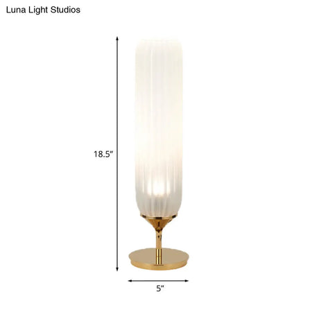 Modern Gold Led Bedside Glass Desk Lamp: White Ribbed Cylinder Night Table Light