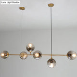 Modern Gold Metal Pendant Lighting - Spherical Smoke Glass With 6 Lights For Dining Table And