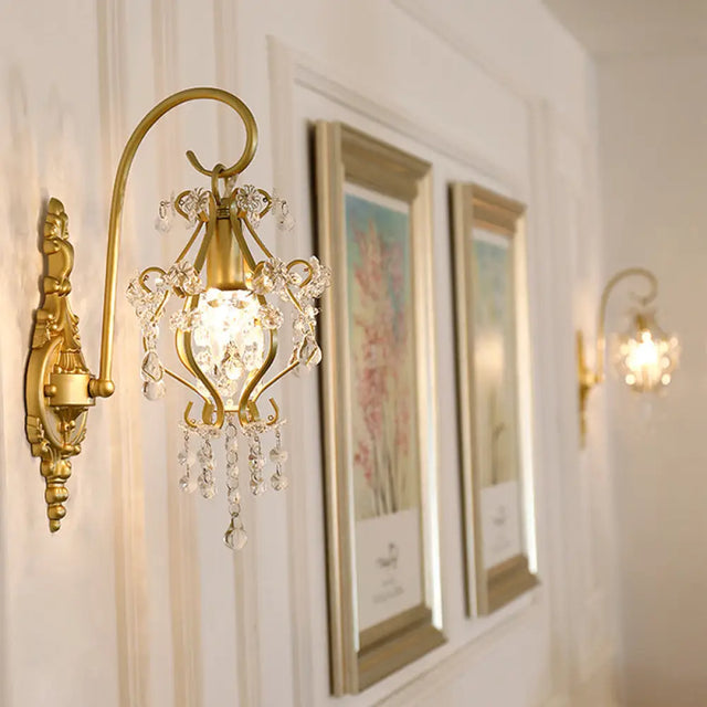 Modern Gold Metal Wall Sconce Light With Crystal Drop - 1 Corridor