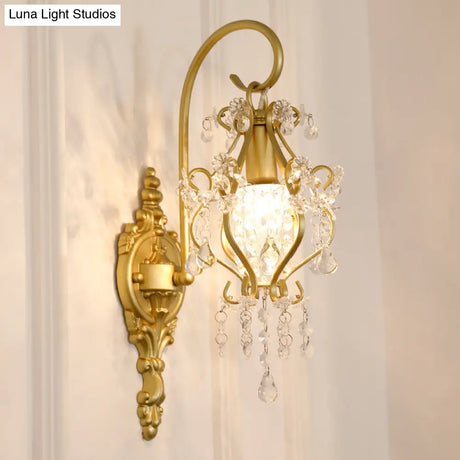 Modern Gold Metal Wall Sconce Light With Crystal Drop - 1 Corridor