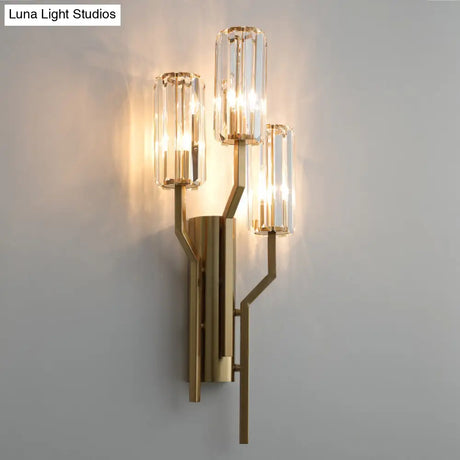 Modern Gold Metal Wall Sconce With Crystal Cylindrical Shade 3 Bulb Crooked Arm Lamp