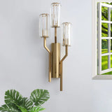 Modern Gold Metal Wall Sconce With Crystal Cylindrical Shade 3 Bulb Crooked Arm Lamp