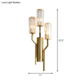 Modern Gold Metal Wall Sconce With Crystal Cylindrical Shade 3 Bulb Crooked Arm Lamp