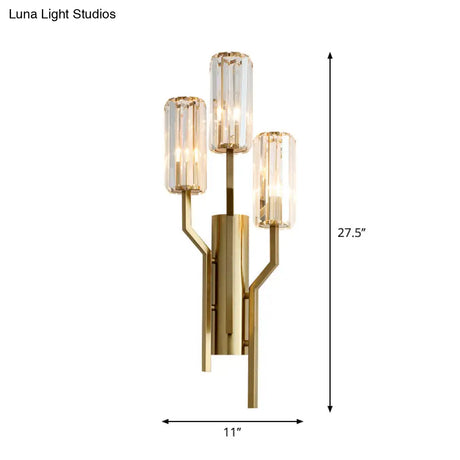 Modern Gold Metal Wall Sconce With Crystal Cylindrical Shade 3 Bulb Crooked Arm Lamp