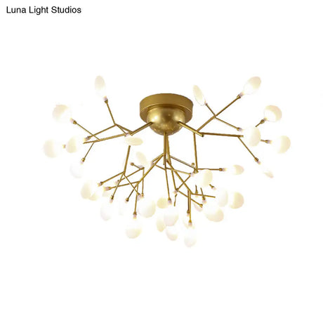 Modern Gold Multi - Head Semi Flush Ceiling Light For Hotels - Creative Plant - Shaped Metal Fixture