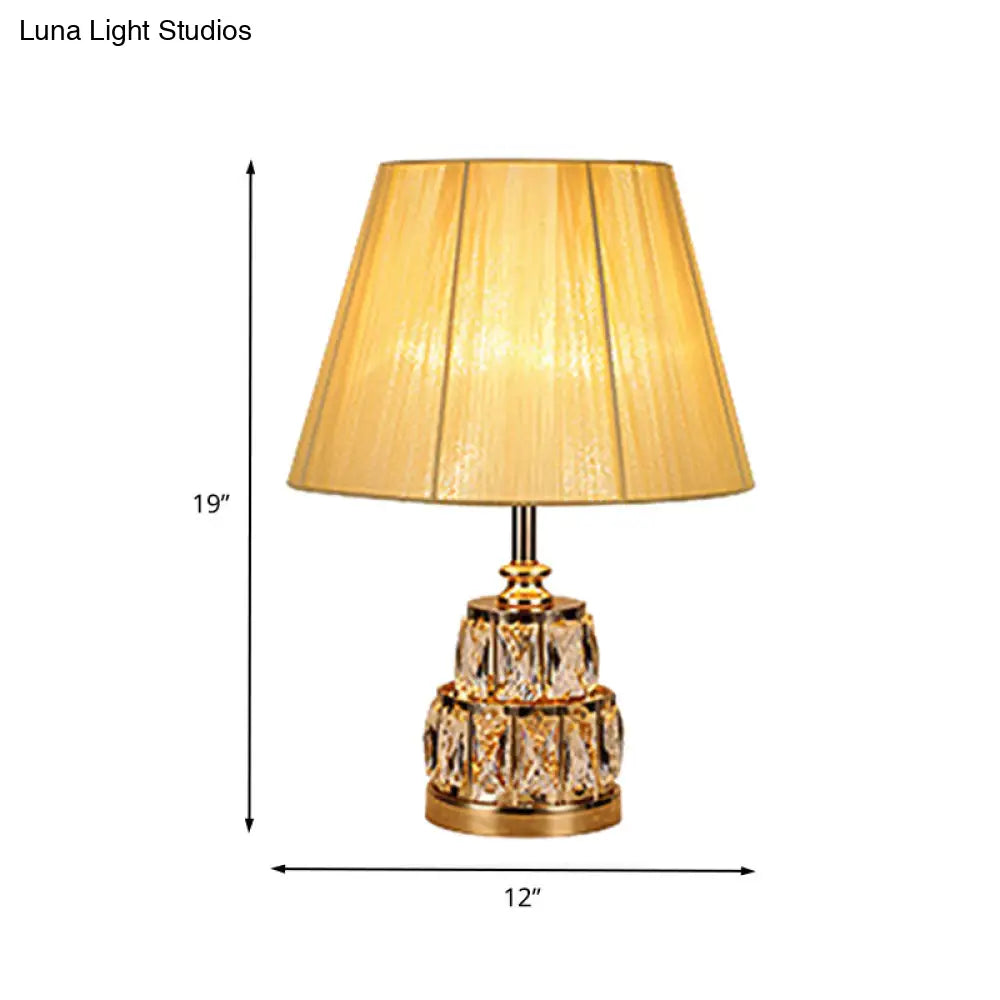Modern Gold Nightstand Lamp With Fabric Shade And Clear Crystal Base - 1 Bulb Task Light