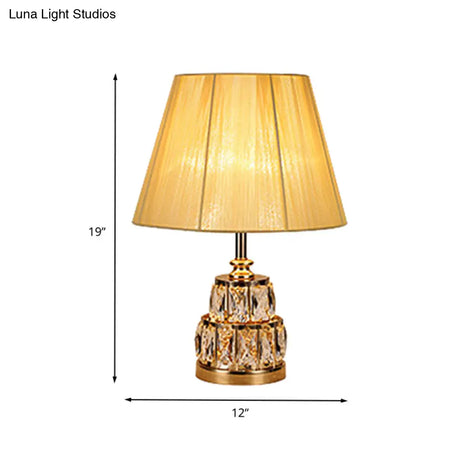 Modern Gold Nightstand Lamp With Fabric Shade And Clear Crystal Base - 1 Bulb Task Light
