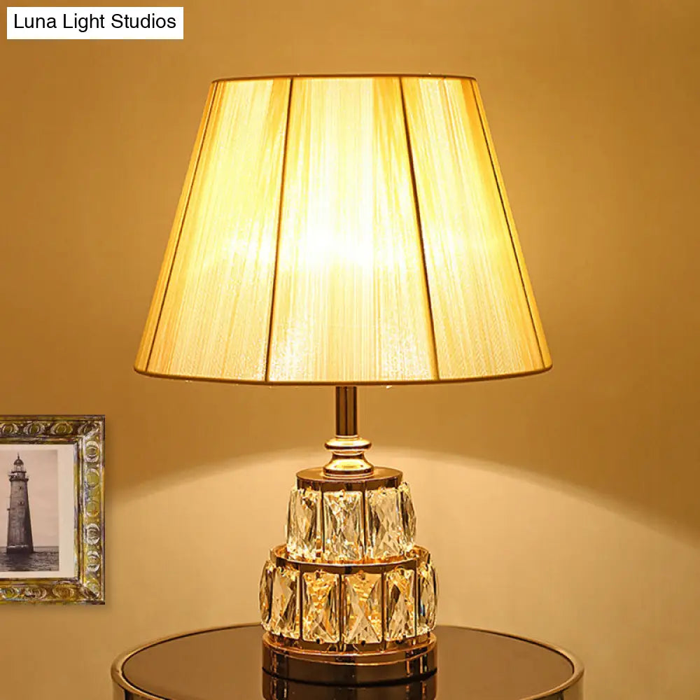 Modern Gold Nightstand Lamp With Fabric Shade And Clear Crystal Base - 1 Bulb Task Light