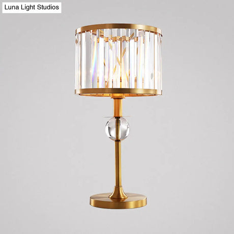 Modern Gold Nightstand Lamp With Hand-Cut Crystal Drum Shade For Living Room