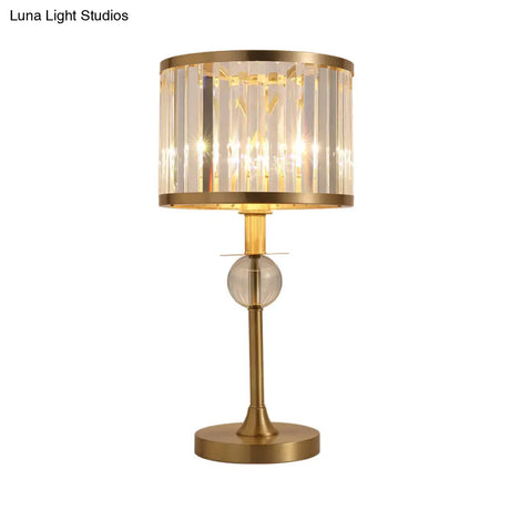 Modern Gold Nightstand Lamp With Hand-Cut Crystal Drum Shade For Living Room