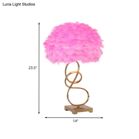 Modern Gold Reading Lamp: Spiral Metal Table Lighting With Pink Feather Fabric Shade