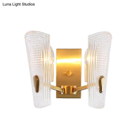 Modern Gold Rectangle Backplate Metal Wall Lamp With Prismatic Glass Shade - 1/2-Head Sconce Light