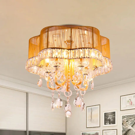 Modern Gold/Red Led Floral Bedroom Ceiling Light With Crystal Accent Gold