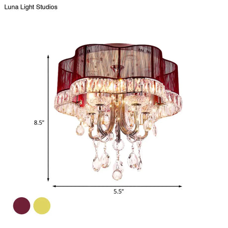 Modern Gold/Red Led Floral Bedroom Ceiling Light With Crystal Accent
