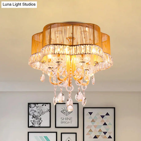 Modern Gold/Red Led Floral Bedroom Ceiling Light With Crystal Accent
