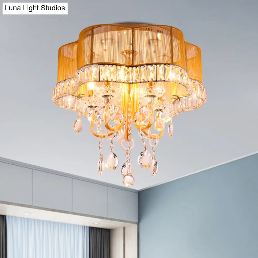 Modern Gold/Red Led Floral Bedroom Ceiling Light With Crystal Accent