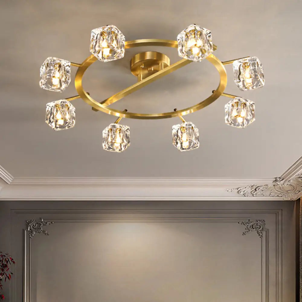 Modern Gold Ring Semi - Flush Mount Ceiling Light With Clear Crystal Cube Shade - 6/8 Bulbs Great