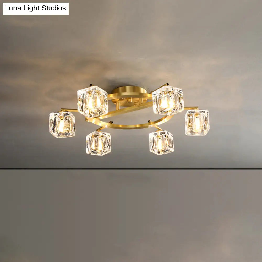 Modern Gold Ring Semi - Flush Mount Ceiling Light With Clear Crystal Cube Shade - 6/8 Bulbs Great
