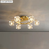 Modern Gold Ring Semi - Flush Mount Ceiling Light With Clear Crystal Cube Shade - 6/8 Bulbs Great