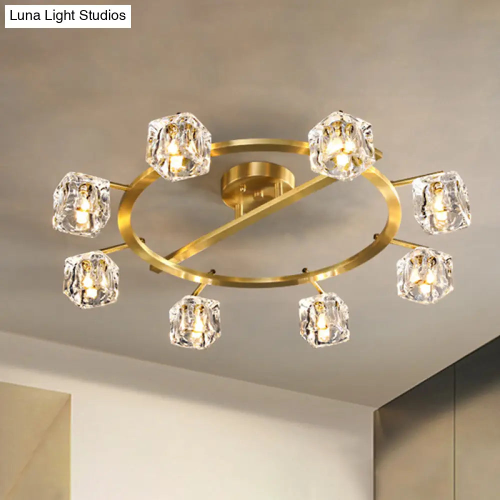 Modern Gold Ring Semi - Flush Mount Ceiling Light With Clear Crystal Cube Shade - 6/8 Bulbs Great