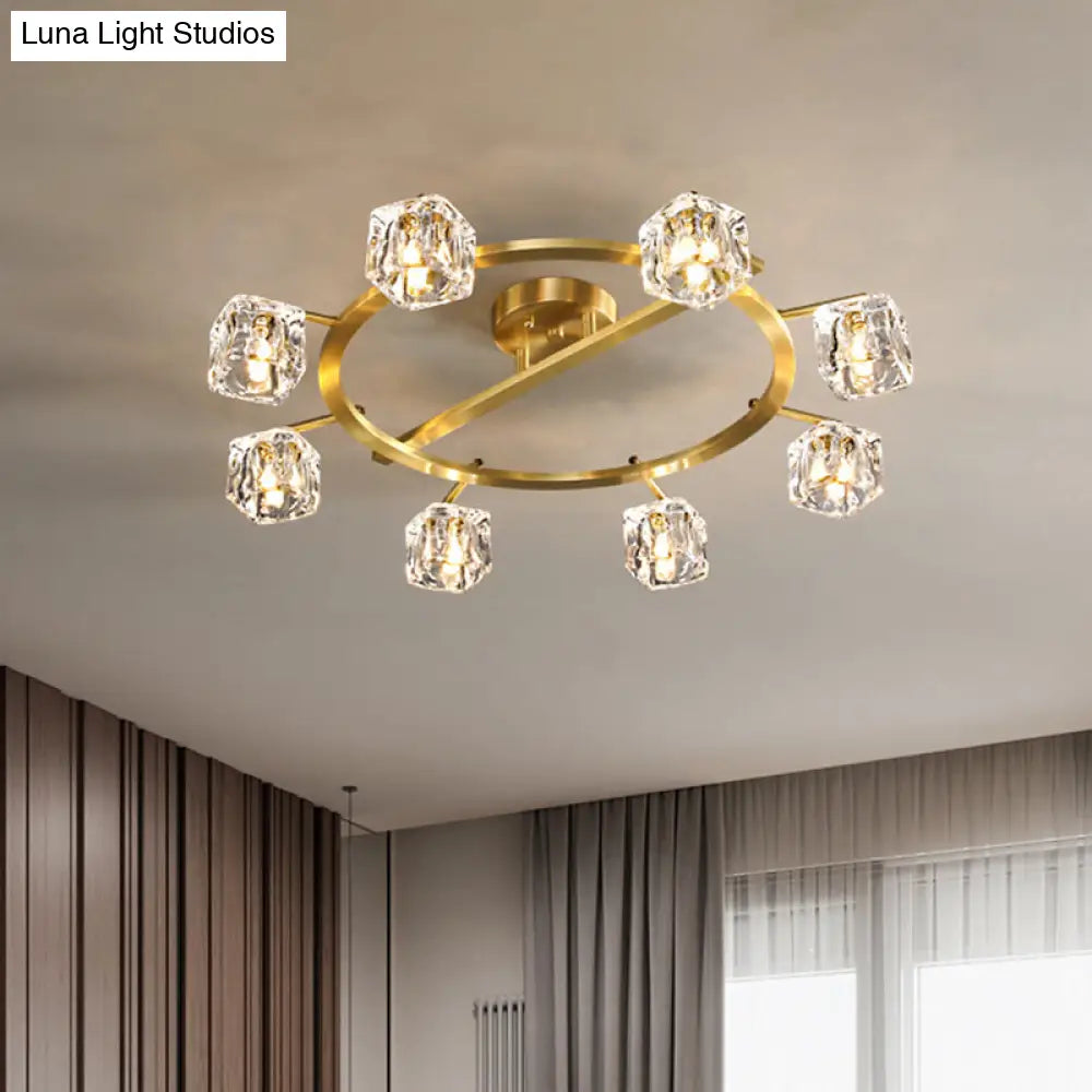 Modern Gold Ring Semi - Flush Mount Ceiling Light With Clear Crystal Cube Shade - 6/8 Bulbs Great