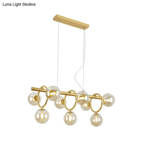 Modern Gold Round Pendant Lighting - 9 Bulb Cognac Glass Led Island Lamp With Linear Design