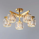 Modern Gold Semi Flush Mount Ceiling Light With Metallic Radial Design And Crystal Cylinder Shade 5