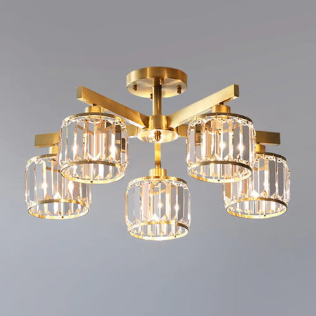 Modern Gold Semi Flush Mount Ceiling Light With Metallic Radial Design And Crystal Cylinder Shade 5