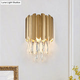 Modern Gold/Smoke Grey Round Wall Mount Lighting With Clear Crystal Teardrop - 2 Bulb Lamp