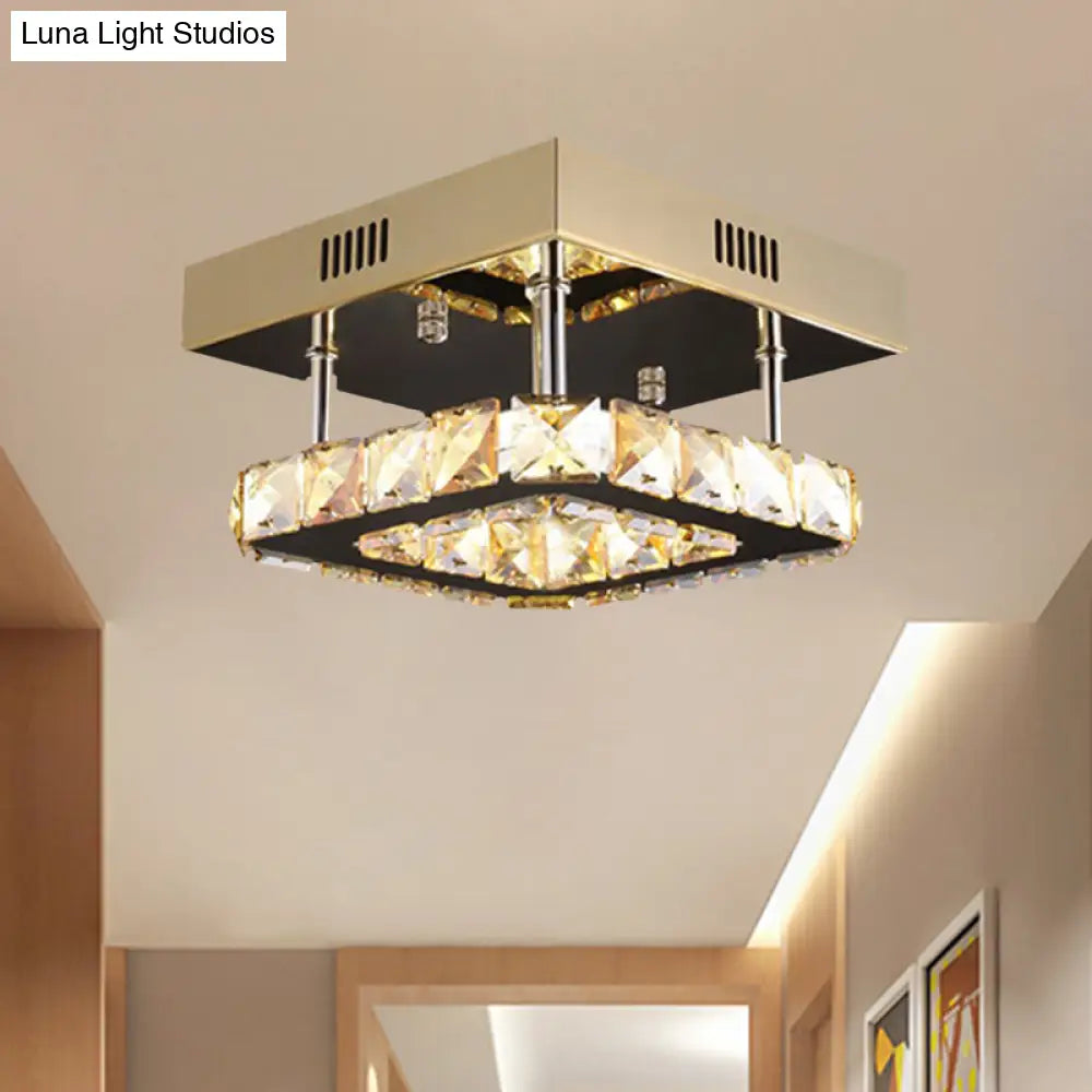 Modern Gold/Stainless - Steel Led Square Ceiling Lamp With Clear Faceted Crystal Blocks And