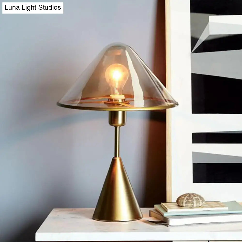 Modern Gold Table Lamp With Conical Amber Glass Shade - Ideal For Living Room Tasks
