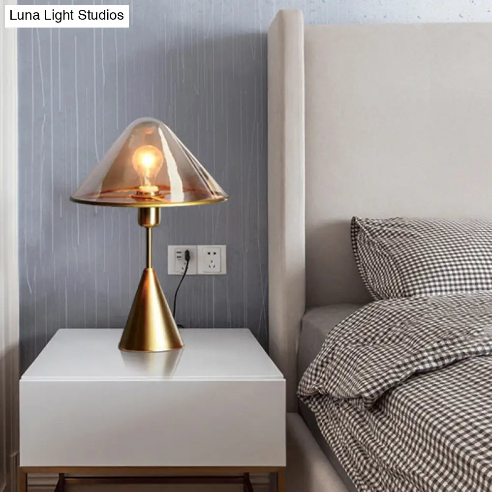 Modern Gold Table Lamp With Conical Amber Glass Shade - Ideal For Living Room Tasks
