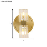 Modern Gold Translucent Crystal Blocks Wall Lamp: Cylindrical Sconce With 2 Heads For Drawing Room