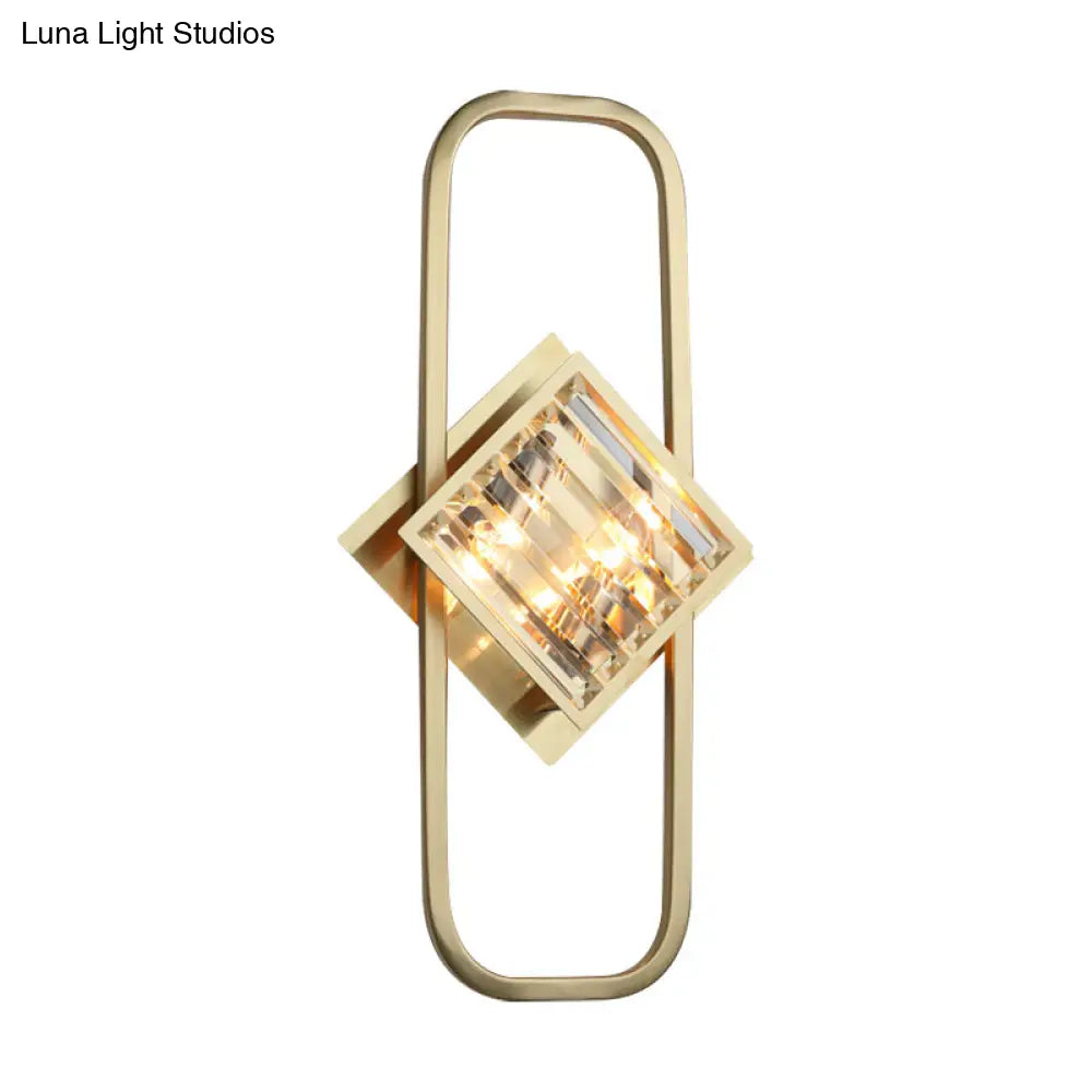 Modern Gold Wall Lamp With Clear Crystal Blocks - Square Lighting In A Rectangular Frame