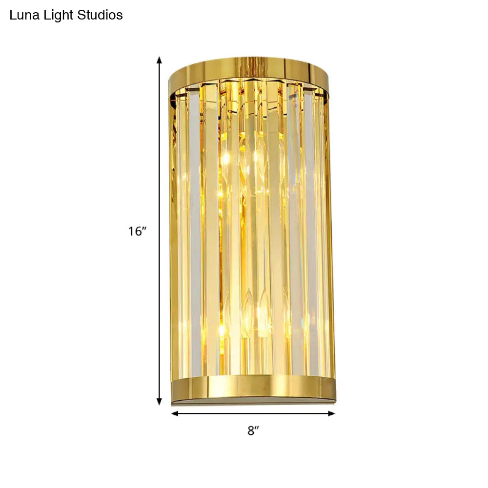 Modern Gold Wall Light Fixture With Clear Crystal Shade Half Cylinder Design 2 Lights