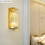 Modern Gold Wall Light Fixture With Clear Crystal Shade Half Cylinder Design 2 Lights