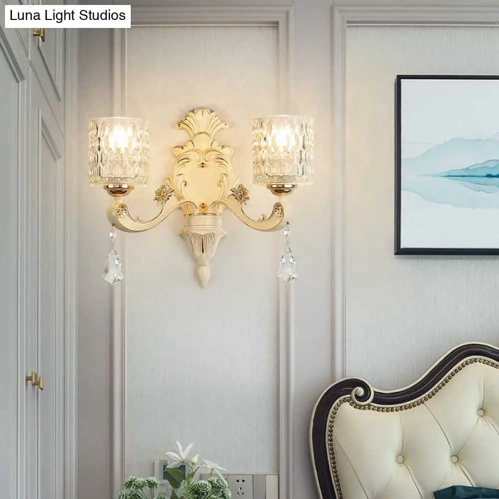 Modern Gold Wall Mount Cylinder Sconce Light With Clear Dimpled Glass Crystal Drop - 1/2 Heads