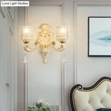 Modern Gold Wall Mount Cylinder Sconce Light With Clear Dimpled Glass Crystal Drop - 1/2 Heads