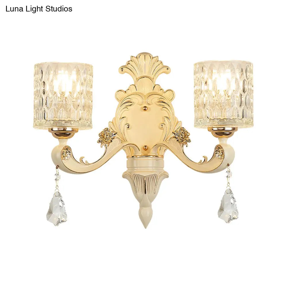 Modern Gold Wall Mount Cylinder Sconce Light With Clear Dimpled Glass Crystal Drop - 1/2 Heads