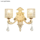 Modern Gold Wall Mount Cylinder Sconce Light With Clear Dimpled Glass Crystal Drop - 1/2 Heads