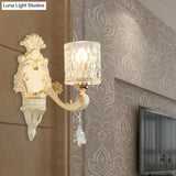 Modern Gold Wall Mount Cylinder Sconce Light With Clear Dimpled Glass Crystal Drop - 1/2 Heads