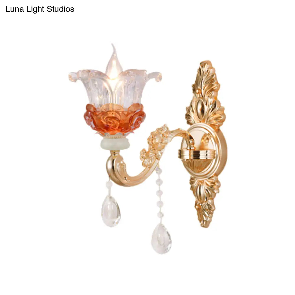 Modern Gold Wall Mount Lamp With Clear Crystal 1/2-Light Blossom Design For Staircase