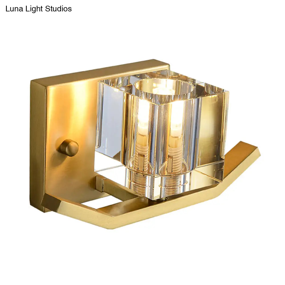 Modern Gold Wall Mount Light With Cubic Clear Crystal Shade - 1-Bulb Parlor Lighting Fixture