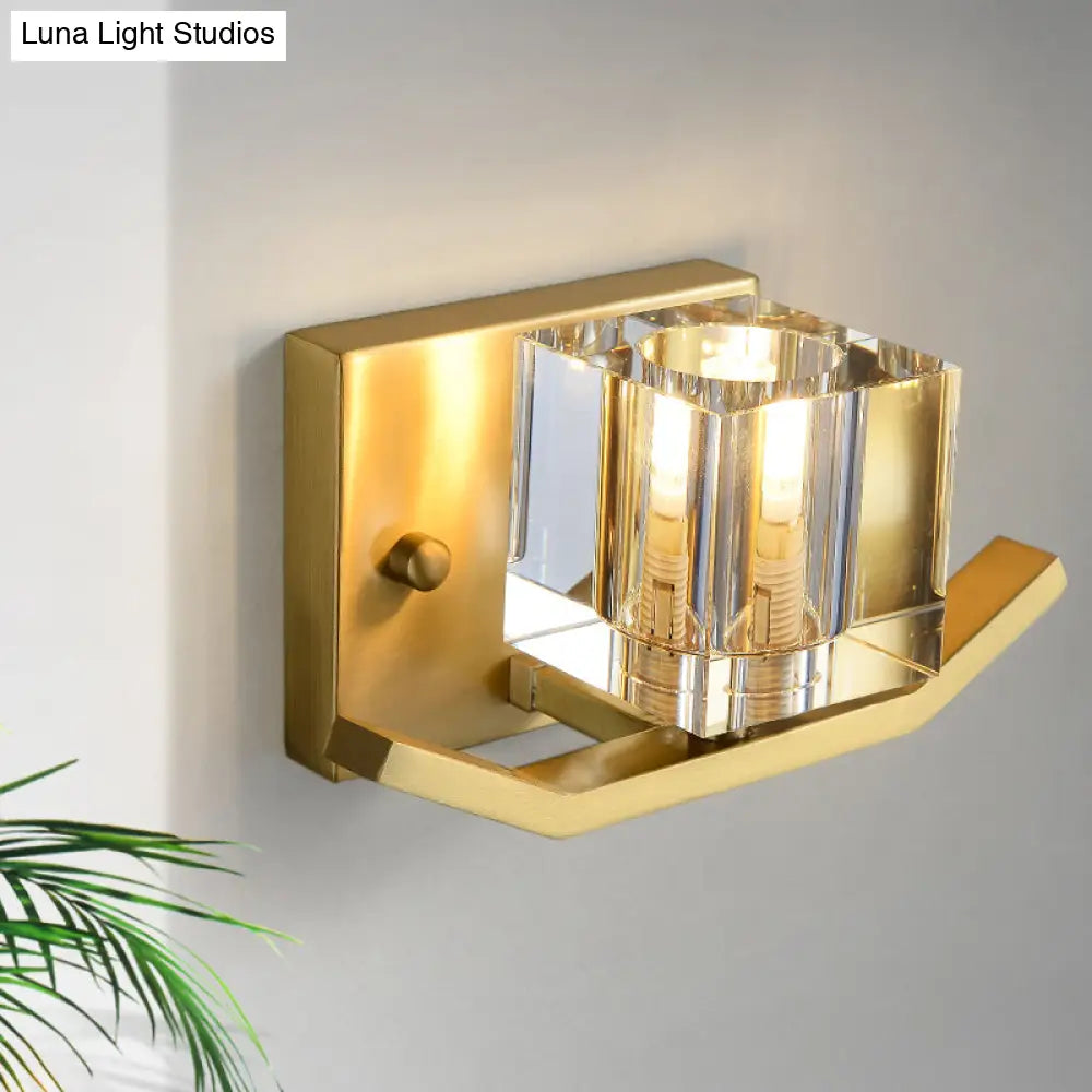 Modern Gold Wall Mount Light With Cubic Clear Crystal Shade - 1-Bulb Parlor Lighting Fixture