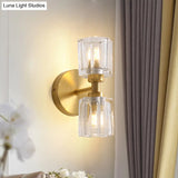 Modern Gold Wall Sconce Lamp With Clear Crystal 2 Bulbs - Tapered Living Room Lighting