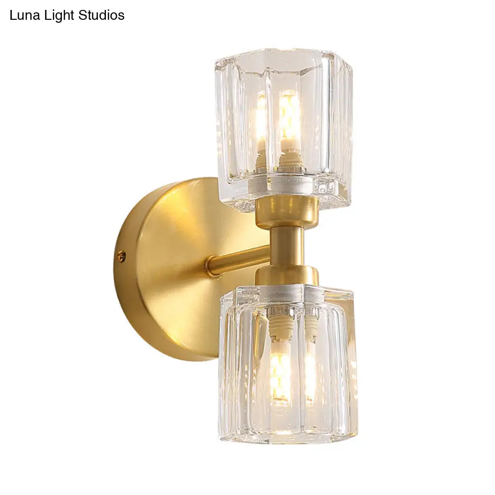 Modern Gold Wall Sconce Lamp With Clear Crystal 2 Bulbs - Tapered Living Room Lighting