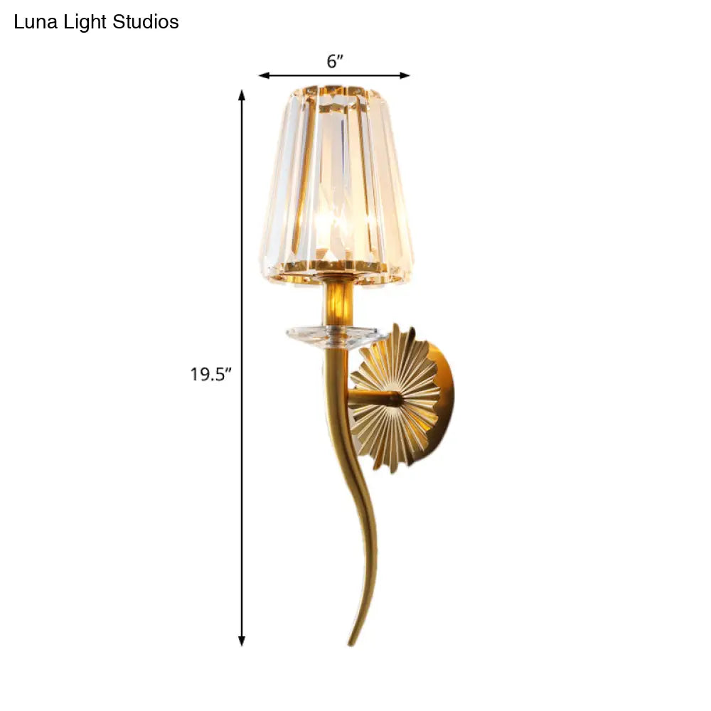 Modern Gold Wall Sconce Light With Crystal Prism - Clear Tapered Shade Ideal For Stairways